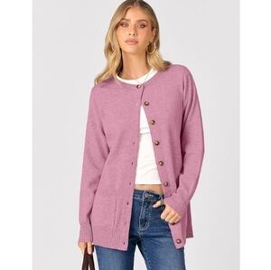 Casual Long Sleeve Crewneck Button Down Open Front Sweater Pink
